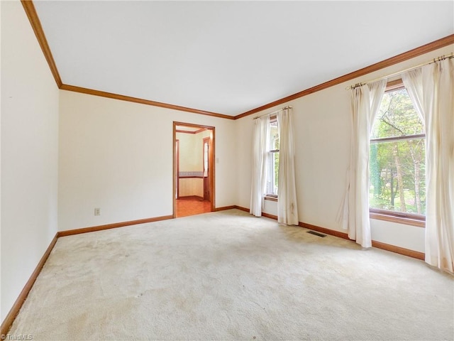 empty room with light carpet and crown molding