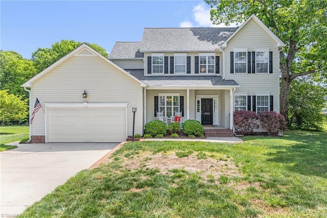 traditional home featuring a garage, covered porch, a front yard, roof with shingles, and concrete driveway