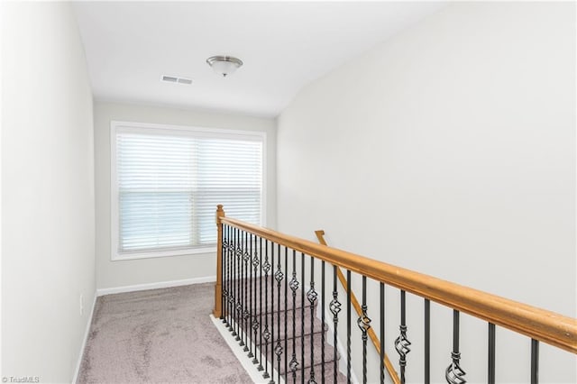 hallway with carpet and lofted ceiling