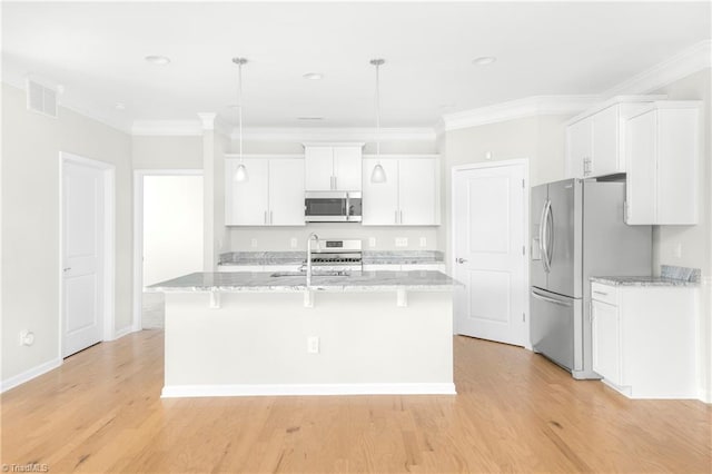 kitchen with white cabinetry, light wood-type flooring, stainless steel appliances, and a center island with sink