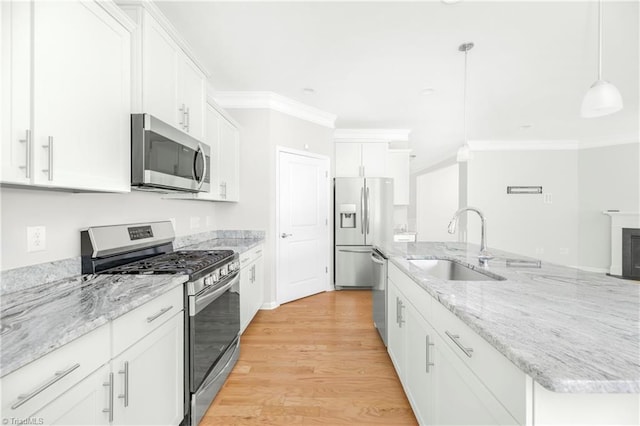 kitchen featuring stainless steel appliances, hanging light fixtures, crown molding, light wood-type flooring, and sink