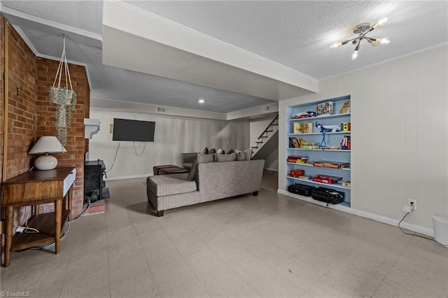 living area with stairs, ornamental molding, a wood stove, a textured ceiling, and tile patterned floors