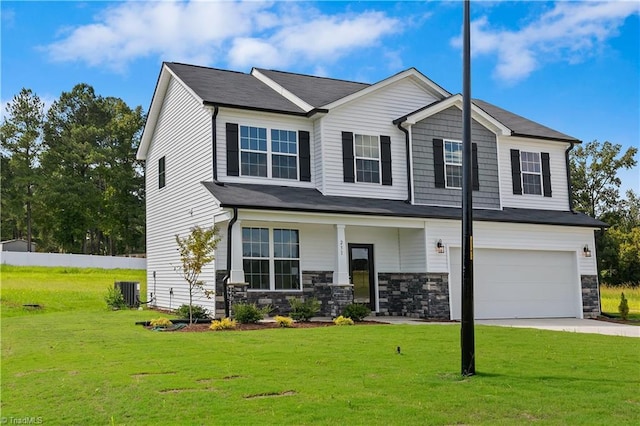 view of front of house with a front lawn, central AC unit, an attached garage, driveway, and a porch
