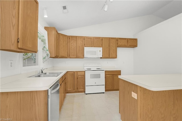 125 Haven Grove Trl, Clemmons, NC 27012 - kitchen with white appliances, vaulted ceiling, brown cabinets, and light countertops
