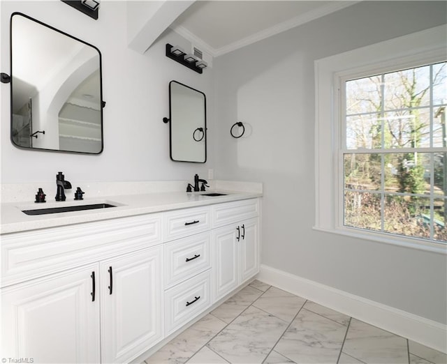 bathroom featuring crown molding, plenty of natural light, and vanity