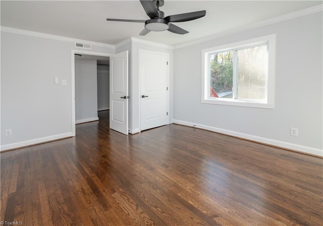 unfurnished bedroom featuring ceiling fan, dark hardwood / wood-style flooring, and ornamental molding