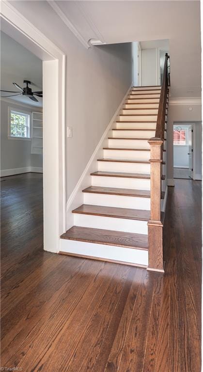 stairway featuring hardwood / wood-style floors, ceiling fan, and crown molding