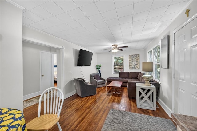 209 Brewer Cir, East Bend, NC 27018 - living area with a ceiling fan, wood finished floors, and crown molding