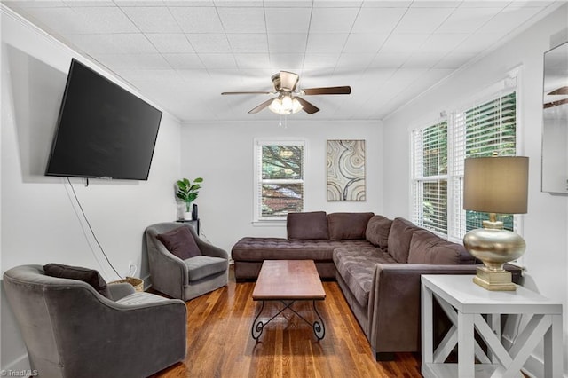 209 Brewer Cir, East Bend, NC 27018 - living area featuring healthy amount of natural light, a ceiling fan, wood finished floors, and crown molding