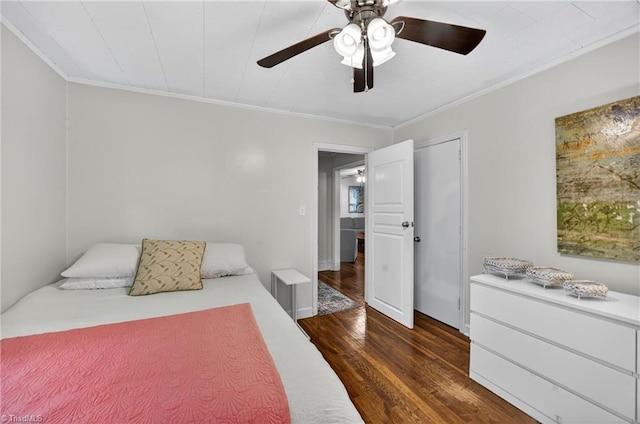 209 Brewer Cir, East Bend, NC 27018 - bedroom with dark wood-style flooring, crown molding, and ceiling fan