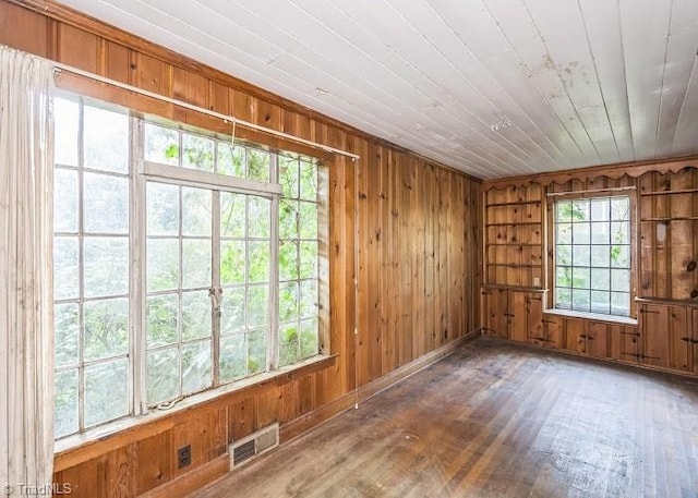 empty room featuring dark hardwood / wood-style flooring, wooden ceiling, and wooden walls