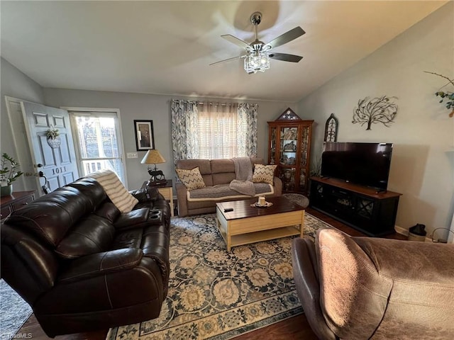 living room with ceiling fan and wood-type flooring