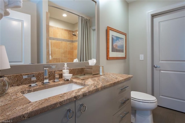 bathroom with vanity, toilet, and a shower with curtain