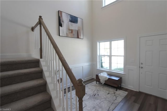 foyer with a high ceiling and wood-type flooring