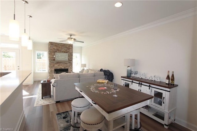 dining space featuring crown molding, ceiling fan, a fireplace, and dark wood-type flooring