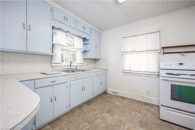 kitchen featuring backsplash, white electric range oven, crown molding, and sink