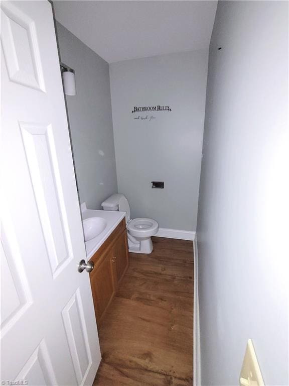 bathroom with wood-type flooring, vanity, and toilet