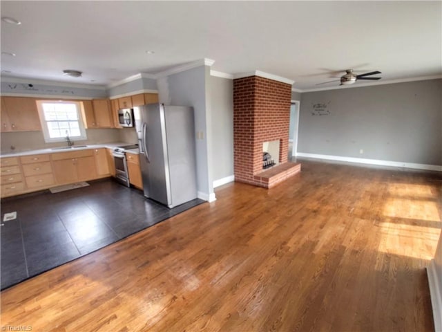 kitchen with ceiling fan, stainless steel appliances, dark hardwood / wood-style floors, and a brick fireplace