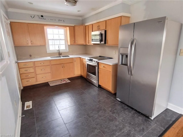 kitchen with sink, crown molding, light brown cabinets, and appliances with stainless steel finishes