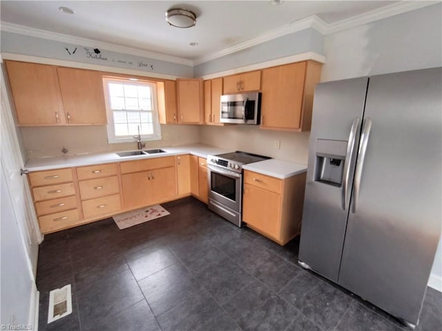 kitchen with stainless steel appliances, ornamental molding, sink, and light brown cabinets