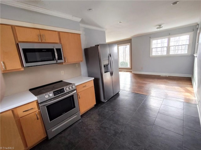 kitchen with crown molding and stainless steel appliances