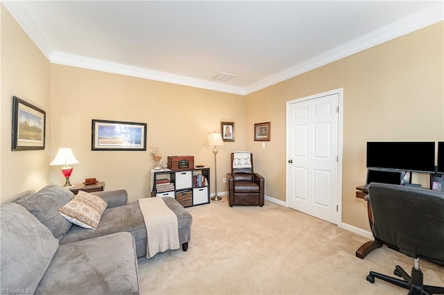 carpeted office with ornamental molding