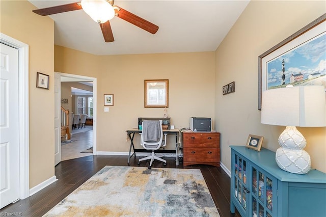 office space featuring ceiling fan and dark wood-type flooring