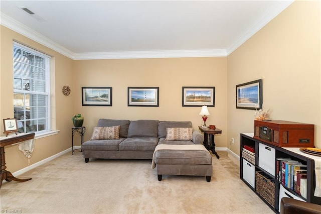 living room featuring light carpet and crown molding