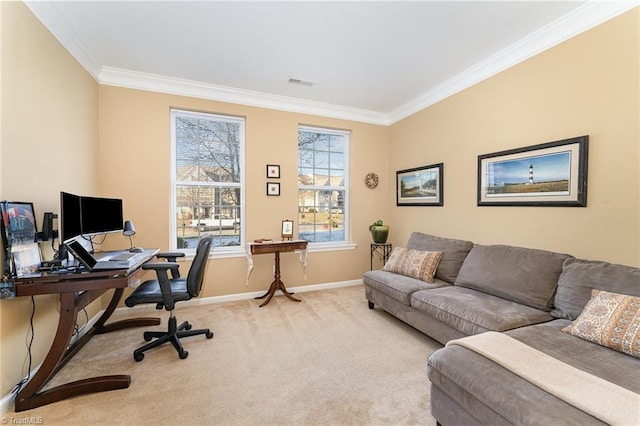 carpeted office with ornamental molding