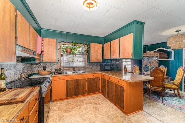 kitchen with sink, plenty of natural light, stainless steel range with electric stovetop, and kitchen peninsula