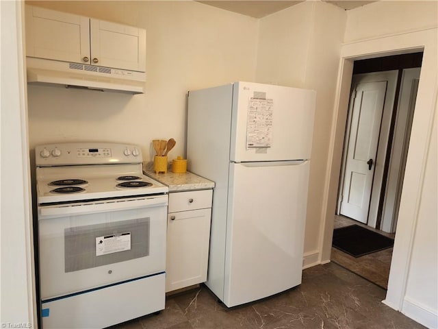 kitchen featuring under cabinet range hood, light countertops, marble finish floor, white appliances, and white cabinetry