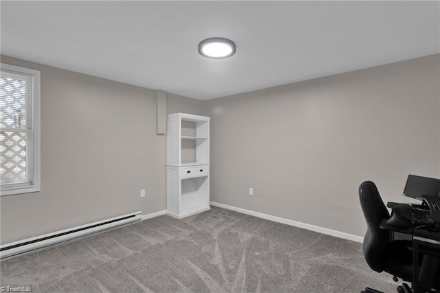 unfurnished office featuring carpet, baseboards, and baseboard heating