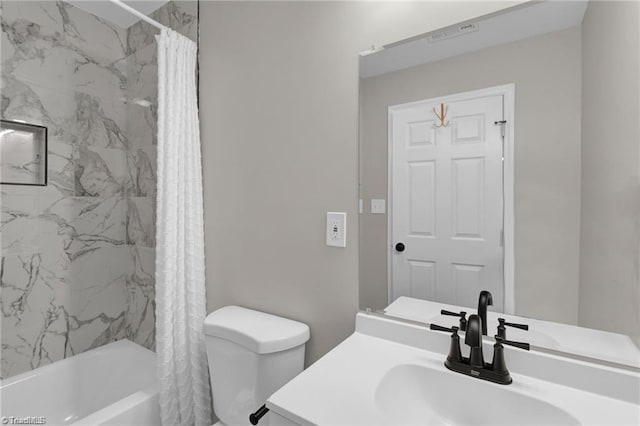 bathroom with toilet, visible vents, shower / bath combo with shower curtain, and vanity