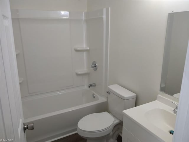 full bathroom with toilet, vanity, and bathing tub / shower combination