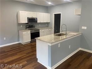 kitchen featuring kitchen peninsula, dark hardwood / wood-style floors, white cabinets, appliances with stainless steel finishes, and sink