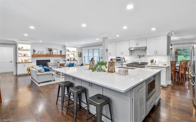 kitchen with a large island, white cabinetry, plenty of natural light, and dark hardwood / wood-style floors