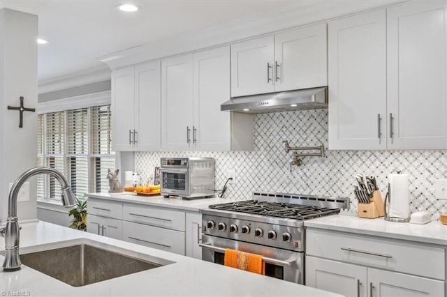 kitchen featuring white cabinets, high end stainless steel range, crown molding, sink, and ventilation hood