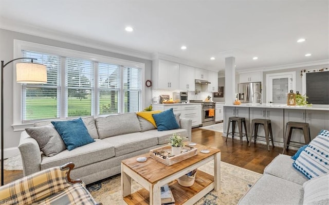 living room featuring ornamental molding and dark hardwood / wood-style floors