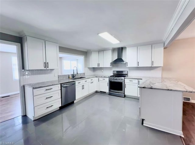 kitchen featuring white cabinets, sink, kitchen peninsula, wall chimney exhaust hood, and appliances with stainless steel finishes