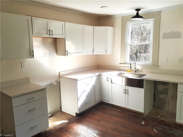 kitchen featuring crown molding, white cabinetry, sink, and dark wood-type flooring