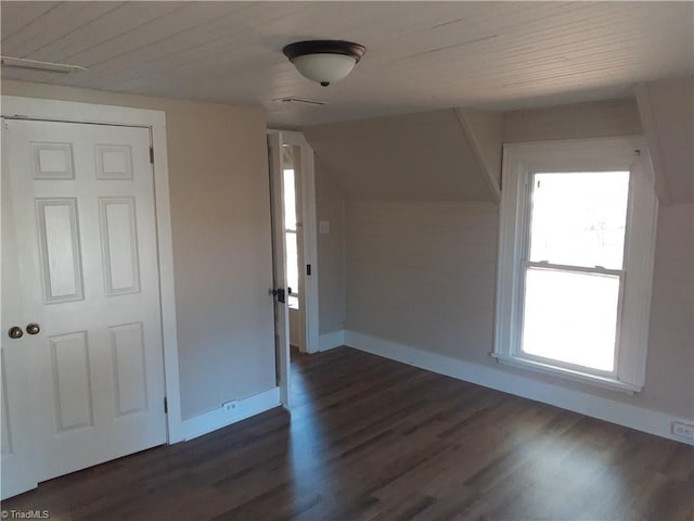 bonus room featuring wood ceiling, dark wood-type flooring, and lofted ceiling