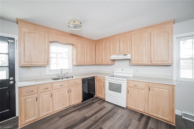 kitchen featuring black dishwasher, light brown cabinetry, electric range, and sink