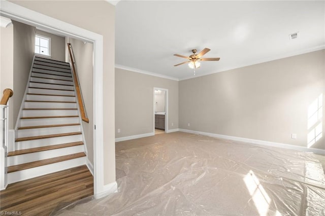 6969 Orchard Path Dr, Clemmons, NC 27012 - stairway with ceiling fan, crown molding, and carpet