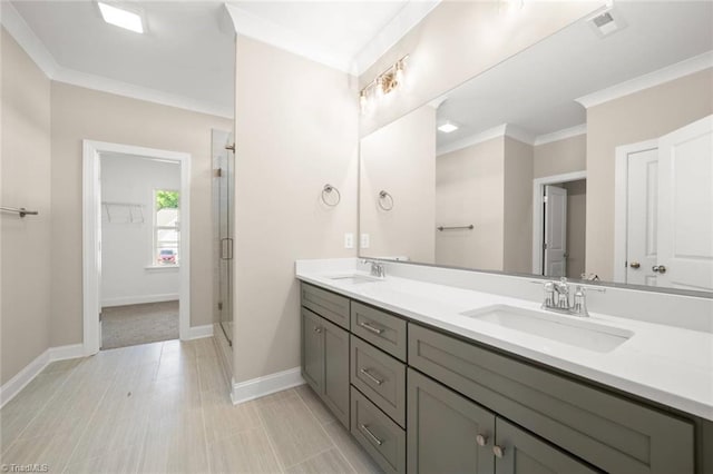 6969 Orchard Path Dr, Clemmons, NC 27012 - full bath featuring double vanity, ornamental molding, a shower stall, and a spacious closet