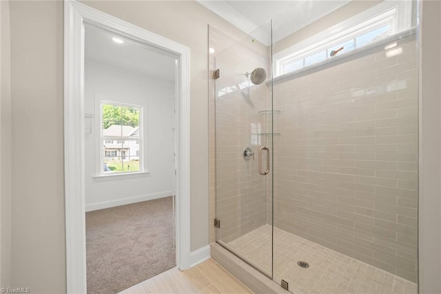 6969 Orchard Path Dr, Clemmons, NC 27012 - bathroom with a stall shower and baseboards