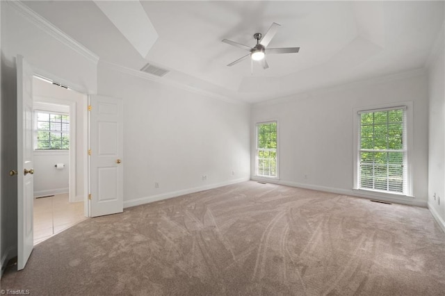 carpeted empty room with healthy amount of natural light, ornamental molding, a raised ceiling, ceiling fan, and baseboards