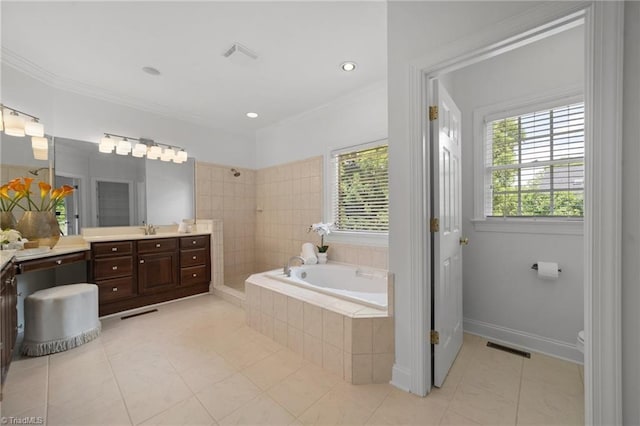 full bathroom featuring a garden tub, tile patterned flooring, vanity, tiled shower, and ornamental molding