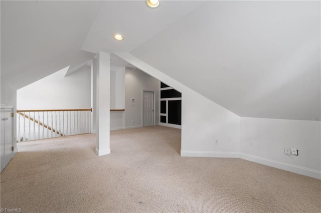 bonus room featuring carpet floors, vaulted ceiling, recessed lighting, and baseboards