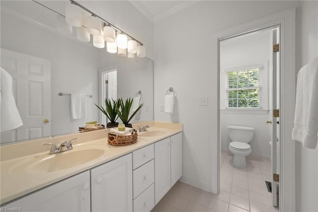 full bathroom with tile patterned floors, double vanity, baseboards, ornamental molding, and toilet