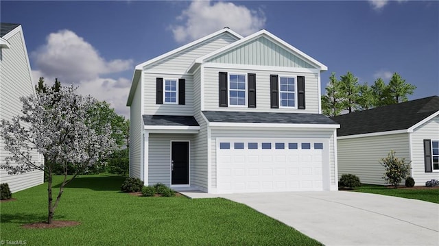 view of front of property featuring concrete driveway, a front lawn, board and batten siding, and an attached garage